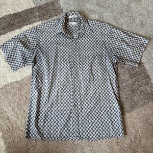 Pierre Cardin Mens Blue Geometric Tile Print‎ Cotton Short Sleeve Button Down M